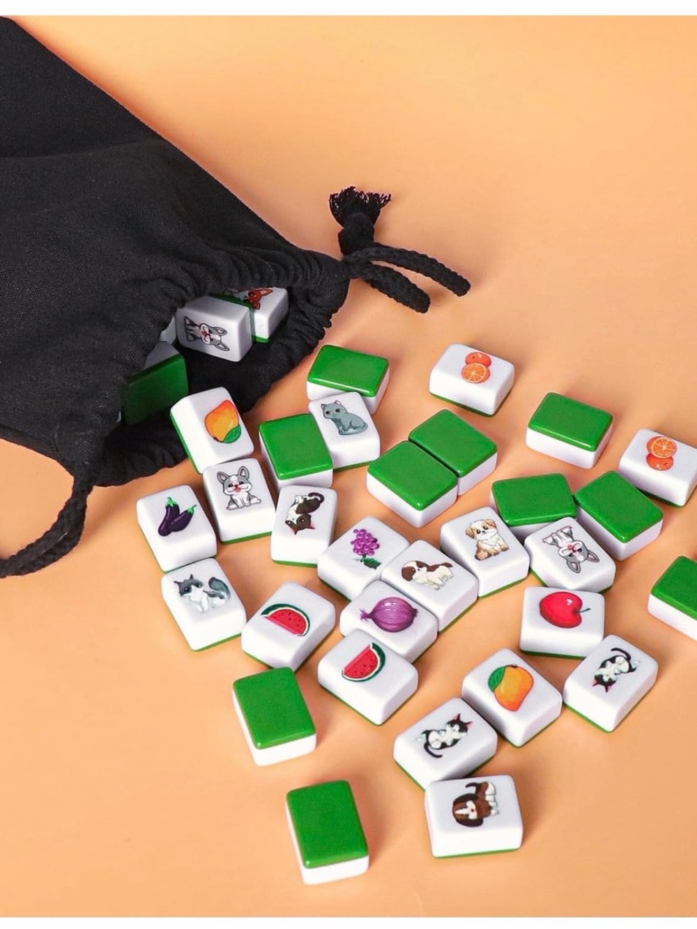 GRACIAS 4 Players Mahjong Block Set, 128 Green Tiles(1.18”) with Animal and Food - Picture 7 of 9